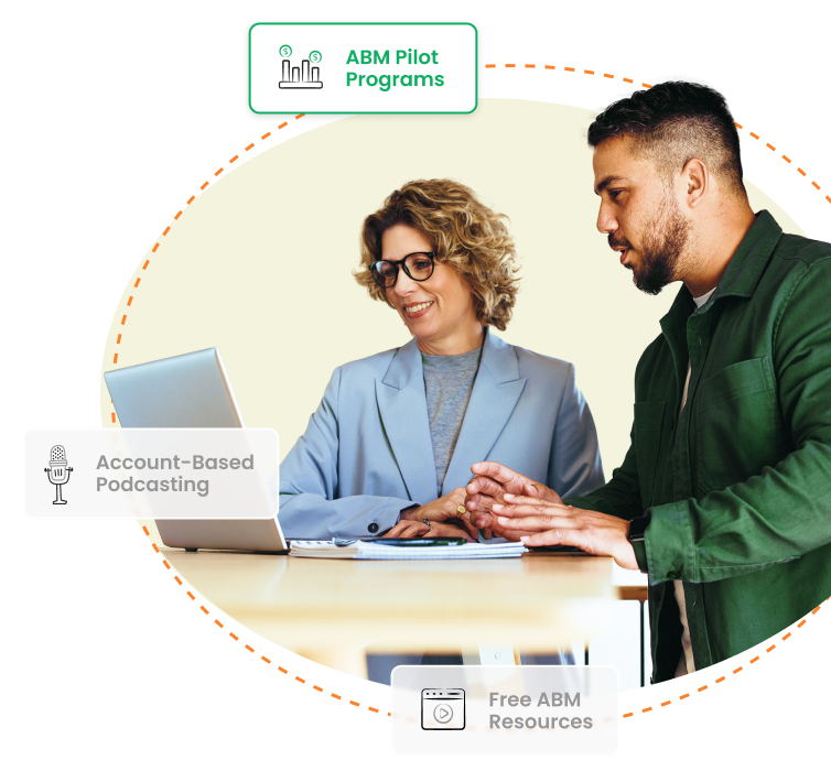 Man and woman working on computer with ABM Pilot Programs highlighted